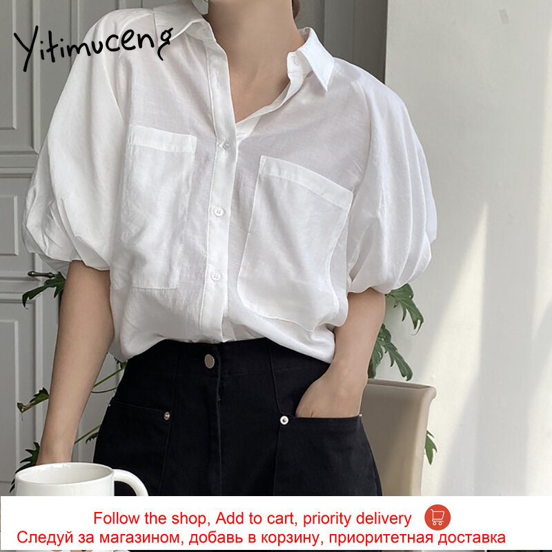 Yitimuceng casual blusa feminina camisas de grandes dimensões moda coreana manga curta sopro senhora do escritório branco azul topos 2021 verão novo
