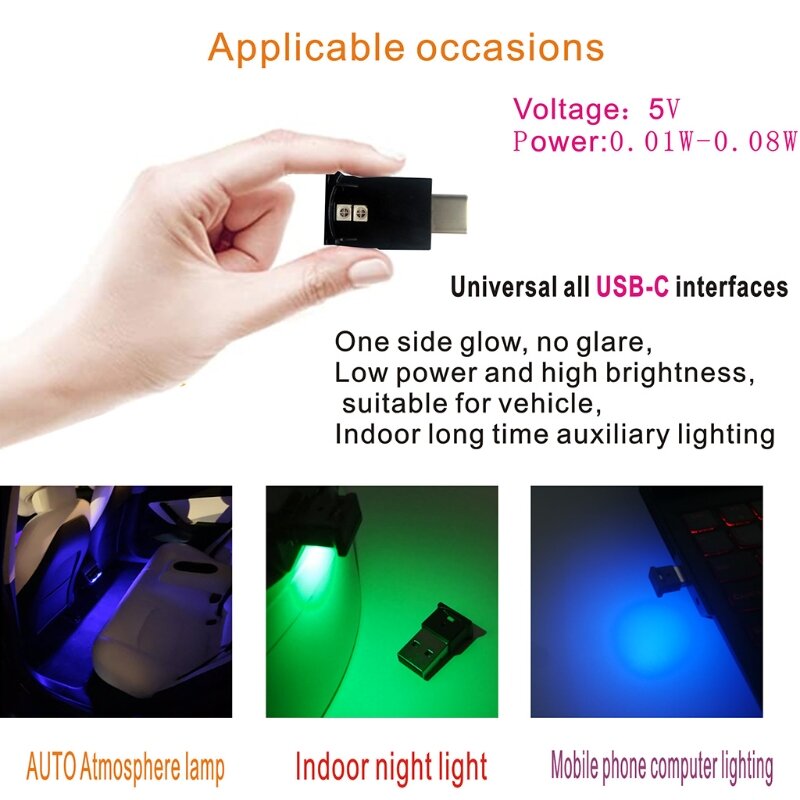 Mini Type-C LED RGB Ambient Light 8 Color Changeable for Car, Laptop, Keyboard Atmosphere Smart Night Lamp K3NB