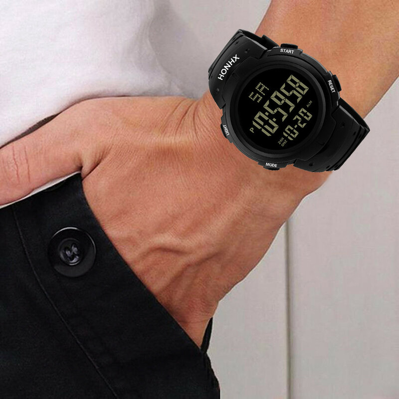Relógio masculino esportivo à prova d'água, relógio de pulso digital de quartzo com led e data
