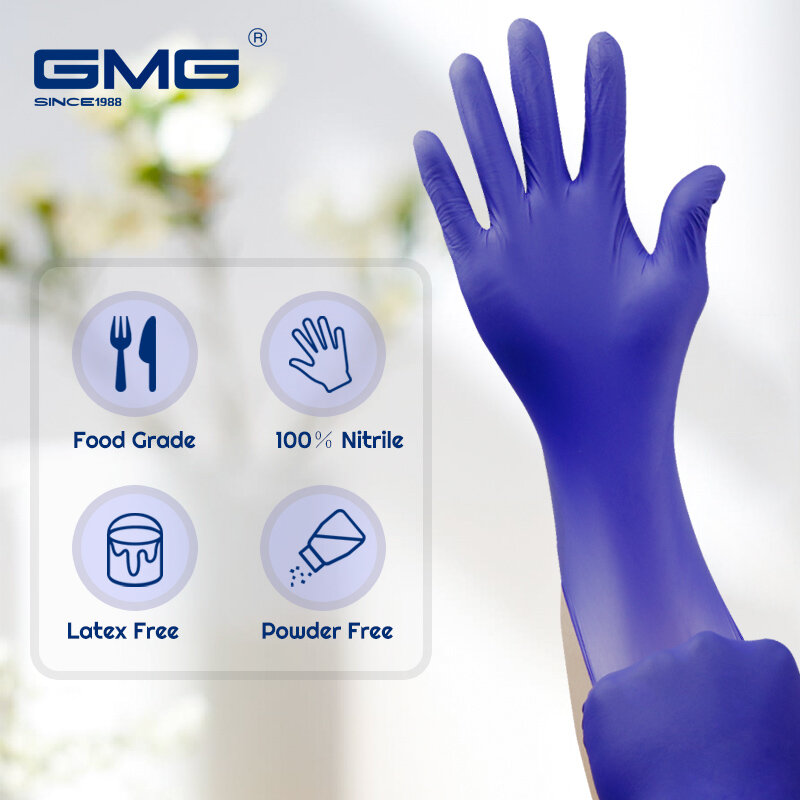 100 gants en Nitrile, bleus GMG, de qualité alimentaire, étanches, sans allergie, résistant à l'huile pour mécanicien de cuisine et de laboratoire