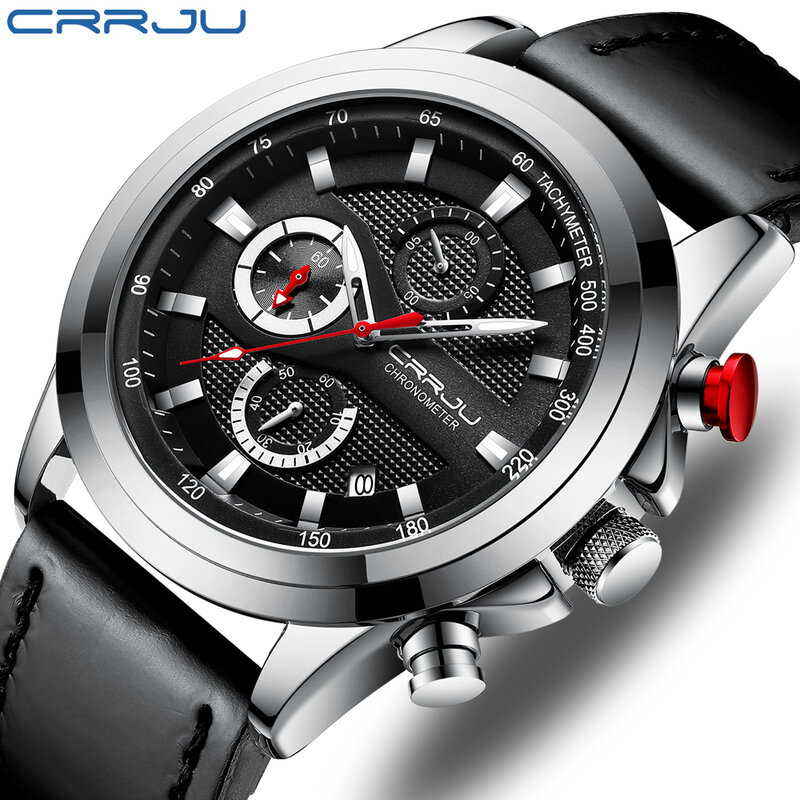 CRRJU-ساعة فاخرة للرجال ، ساعة يد فاخرة ، 3 بار ، مقاومة للماء ، كوارتز ، كرونوغراف ، جلد