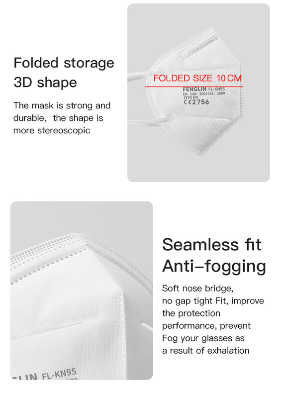 Máscaras faciais ffp295 para adultos, máscara confortável, respirável de 5 camadas, contra poeiras, alergênicos, névoa, 100 peças