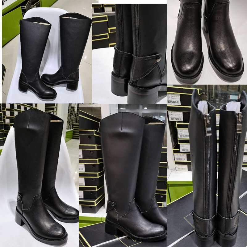Sepatu Bot Setinggi Lutut Wanita Sepatu Kulit Alami Ukuran Plus 22-27 Cm Panjang 6Cm Tumit Kulit Sapi Sepatu Mewah Hangat Musim Gugur dan Dingin