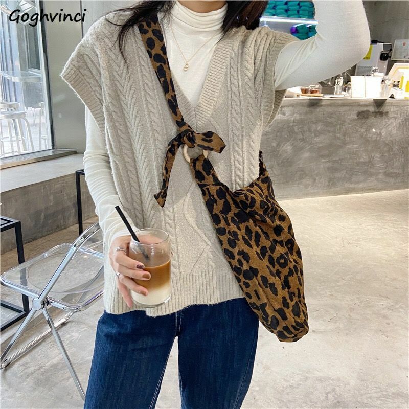 Shopping Bags Autumn Winter Korean Fashion Leopard Pattern Large Capacity Foldable Recycle Retro Leisure Corduroy Tote Bag Chic