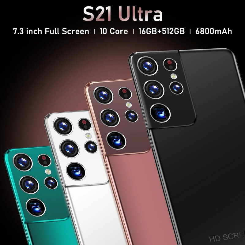 S21 Ponsel Pintar Ultra Versi Global 16GB + 512GB Sim Ganda Ponsel Tidak Terkunci 7.3 Inci Layar Penuh Besar Ponsel 48MP