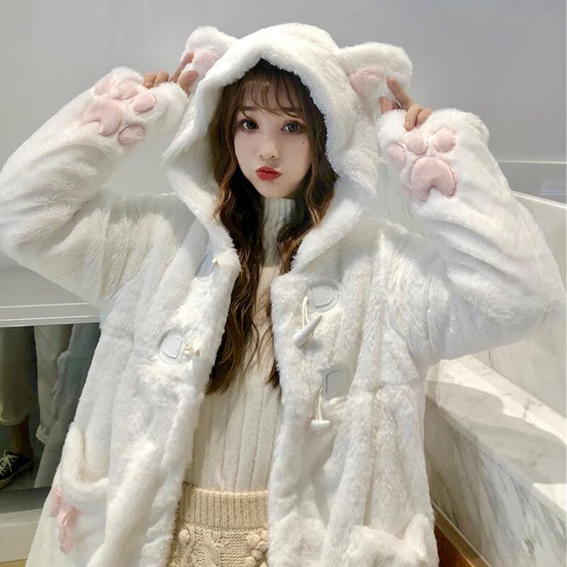 Sweet Girly Lolita Coats Women`s Japanese Winter Kawaii Outwear Warm Soft Plush Cartoon Anime Cute Cat Ears Hooded Jackets New