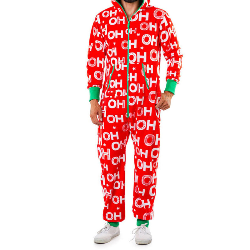Men Christmas Sleepwear Autumn Winter Warm Elk Snowman Print Long Sleeve Pajamas Jumpsuit Leisure Soft Home Clothes