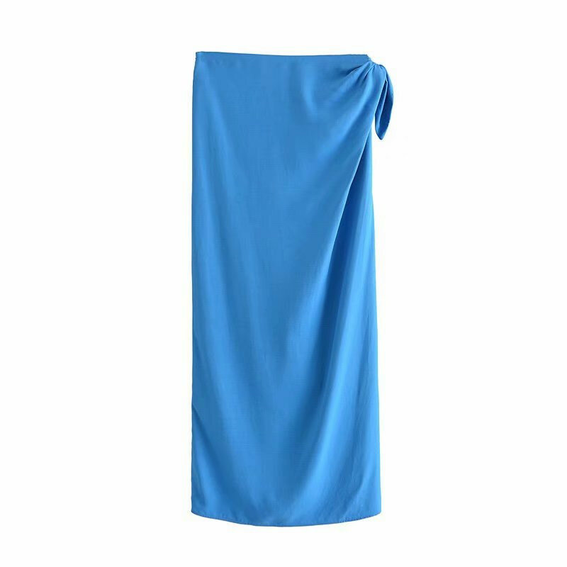 ZA 2021 Blue Wrap Midi กระโปรงฤดูร้อนผู้หญิงวินเทจสูงเอว Sarong กระโปรงแฟชั่นด้าน Knotted Ruched กระโปรงผู้หญิง mujer