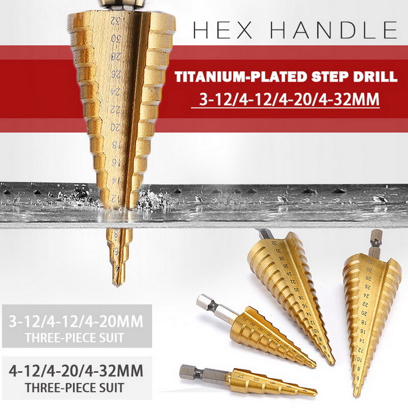 3pc Hss step drill bit set cone hole  Taper metric 4 - 12 / 20 / 32mm 1 / 4 "titanium coated metal hex core drill bits