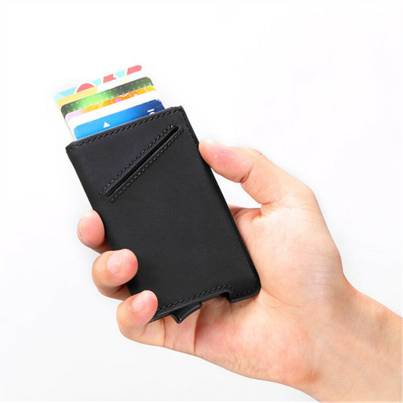 Zovyvol rfid bloqueando o suporte do cartão de crédito dos homens minimalista carteira passa metal couro bolsa de cartão masculino fino banco