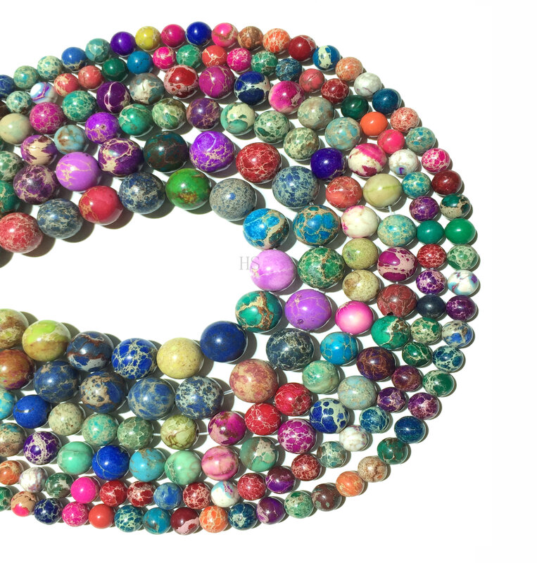 Contas de pedra naturais para sedimento do mar, conjunto de joias jaspe colorido com pedras preciosas 4 6 8 10 12mm para pulseira e colar diy