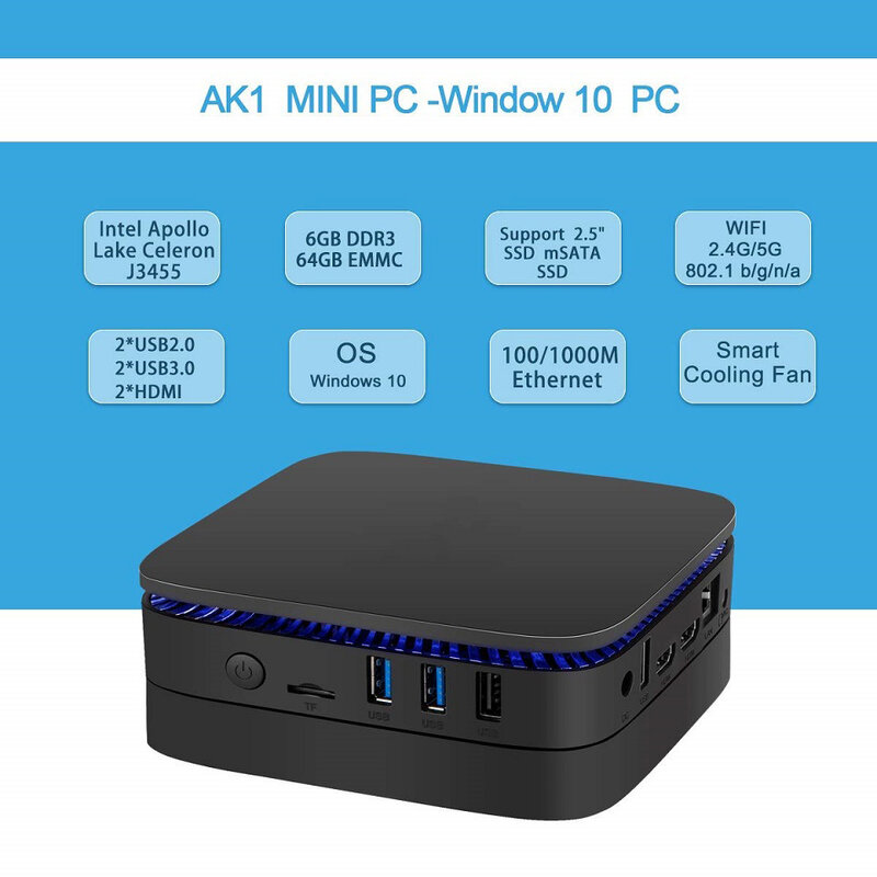 Mini pc ak1 celeron j3455 4g + 32gb win10 dupla freqüência wifi TYPE-C/hdmi saída dupla mini computador