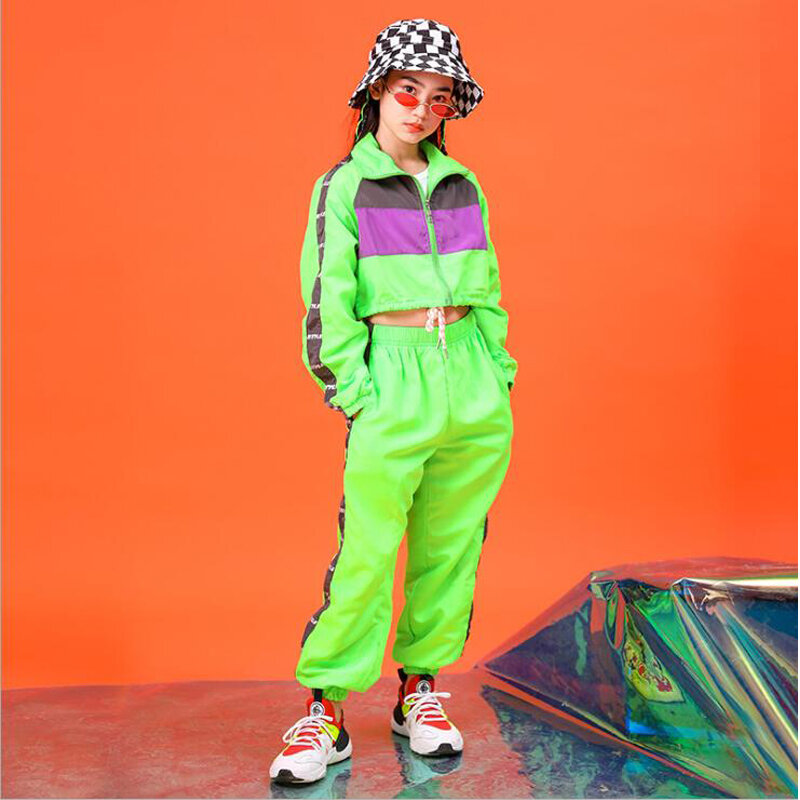 Детская одежда для бальных танцев в стиле хип-хоп зеленая куртка топы, свободные штаны для бега джазовые танцевальные костюмы для девочек и ...