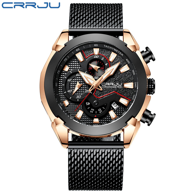 CRRJU men's steel belt watch, mechanical design business watch, men's quartz waterproof watch