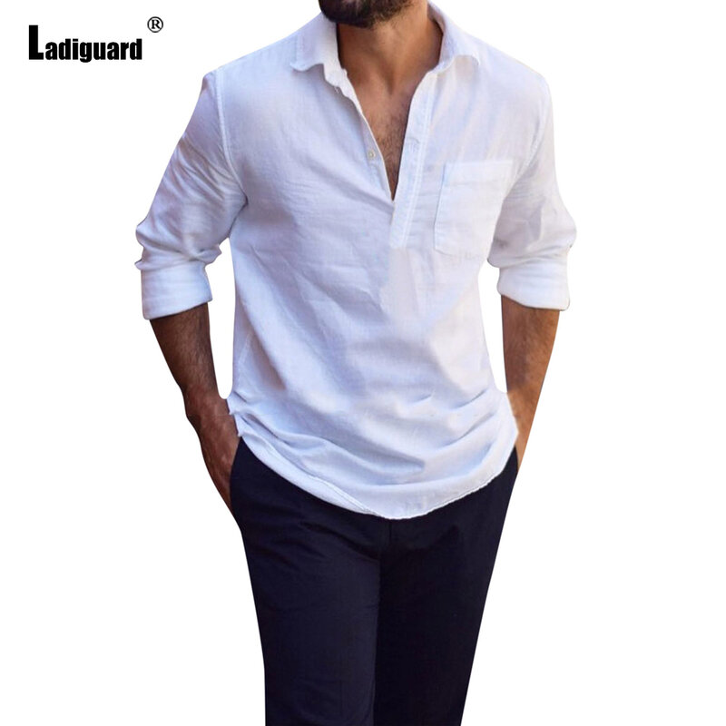 Camicia da uomo con colletto rovesciato pullover Casual abbigliamento uomo Sexy 2021 New Fashion top Streetwear camicetta da uomo manica lunga bianca