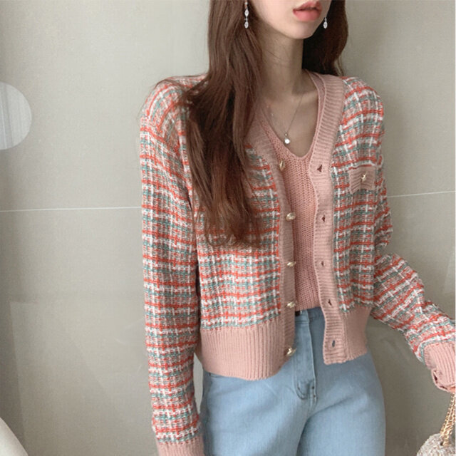 Kaus Kotak-kotak Sweter Rajutan Crop Kasual Wanita Kawaii Musim Gugur Jumper Lengan Panjang Pullover Mode Korea Atasan Lucu Gadis Lembut