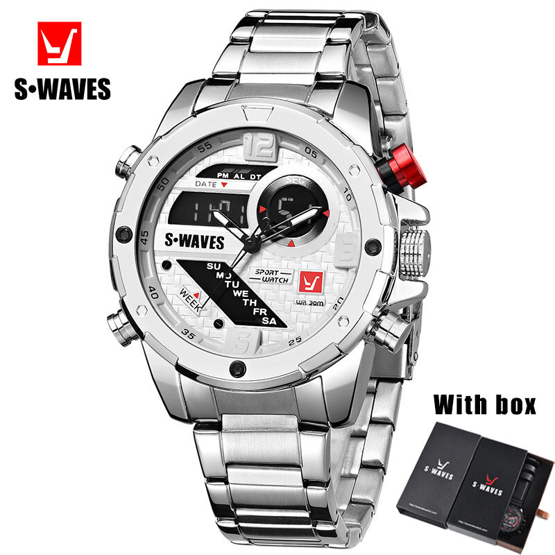 Swaves relógios masculinos com caixa dupla, à prova d'água militar de aço inoxidável relógio masculino de luxo, digital analógico