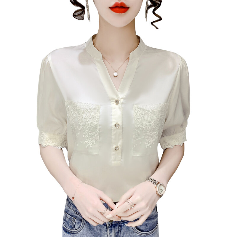 Twicefanx-女性の半袖Vネックシャツ,レースの刺stitchが施されたヴィンテージスタイルのシャツ,シルクシフォン,532f,2021
