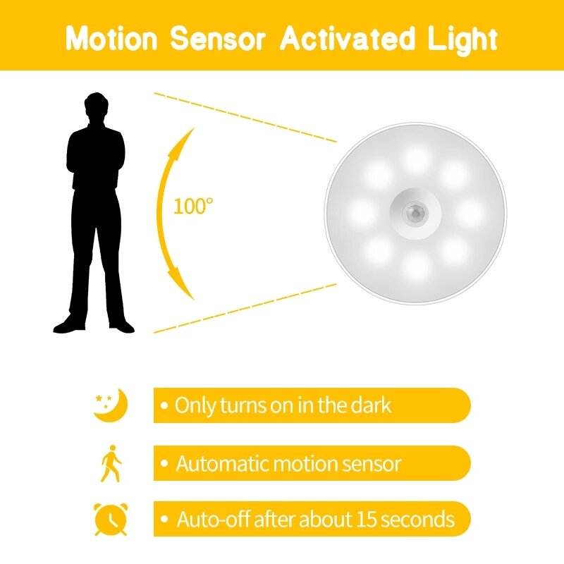 Luz nocturna con Sensor de movimiento, inalámbrica recargable por USB Lámpara de pared para dormitorio, niños, sala de estar, cocina, armario