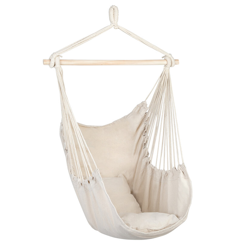 Portable Distinctive Cotton Canvas Hanging Rope Chair With Pillows Beige With 2 pillows Durable For Convenience Household