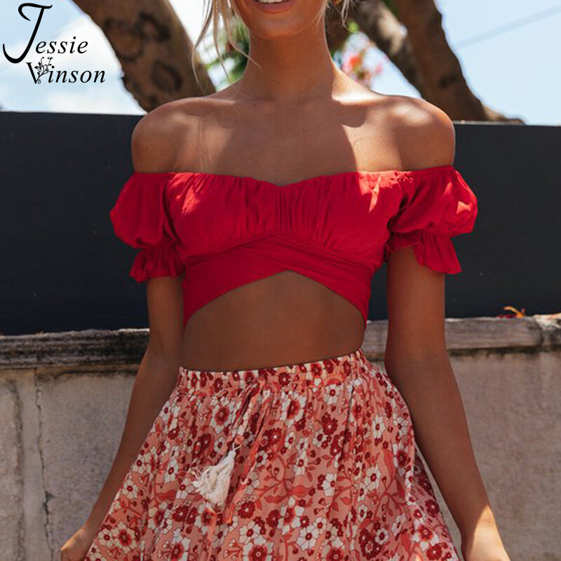 Jessie Vinson Short Sleeve Off Shoulder Crop Top Blouse Women Summer Short Sleeve Short Sexy Blouses Women Tops and Blouses 2020