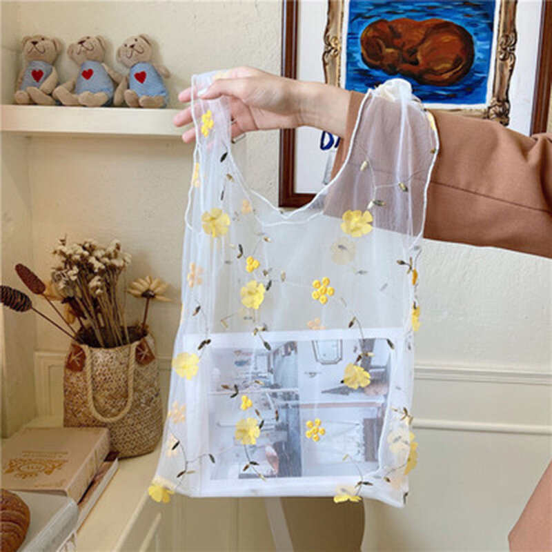 高品質雌花刺繍ハンドバッグオーガンザカジュアルトートメッシュショッピングバッグ折りたたみエコにやさしいバッグ食料品のための