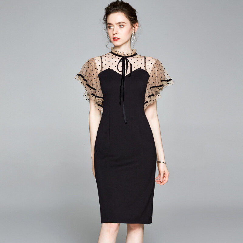 Yg 브랜드 여성 2021 여름 새로운 블랙 웨이브 포인트 슬림 섹시한 연꽃 슬리브 중간 길이 슬림 기질 드레스