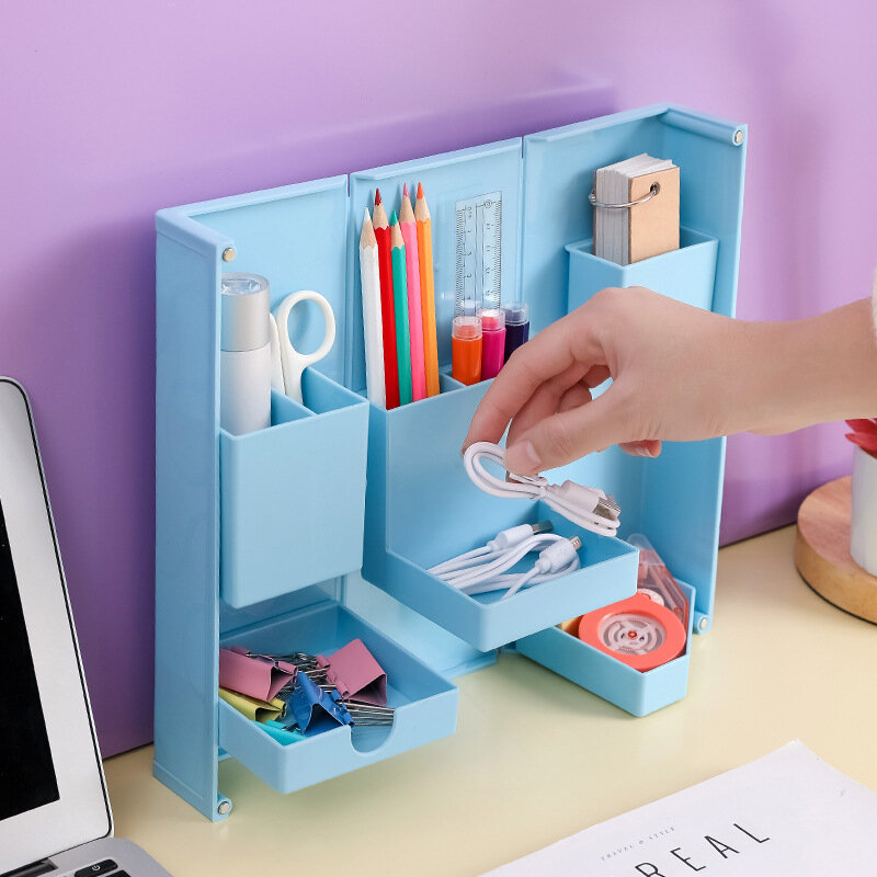 Folding Storage Box Solid Color Magnetic Pen Holder Cosmetic Storage Desk Organizer School Office Supplies Stationery