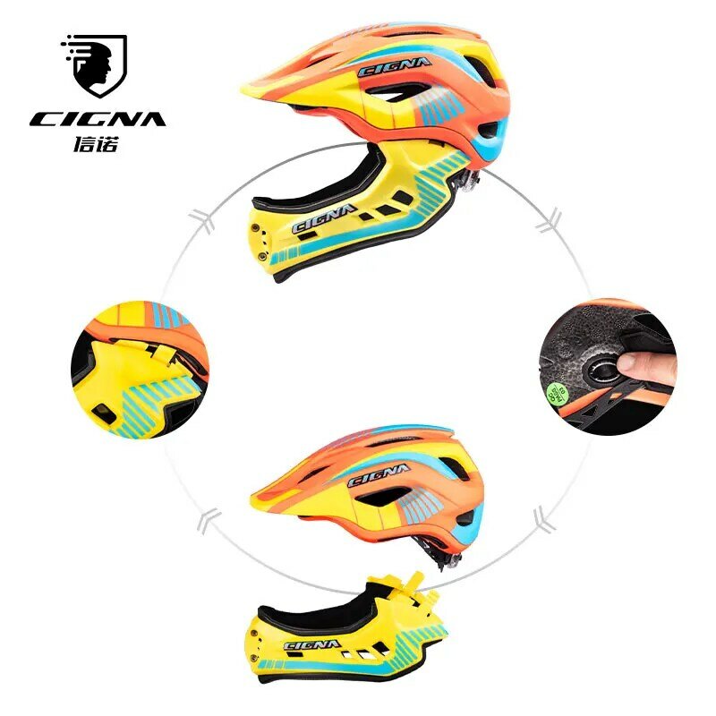 Cigna-子供用2in 1フルフェイスバイクヘルメット,マウンテンまたはダウンヒルサイクリング用の取り外し可能なヘルメット,テールライト付き