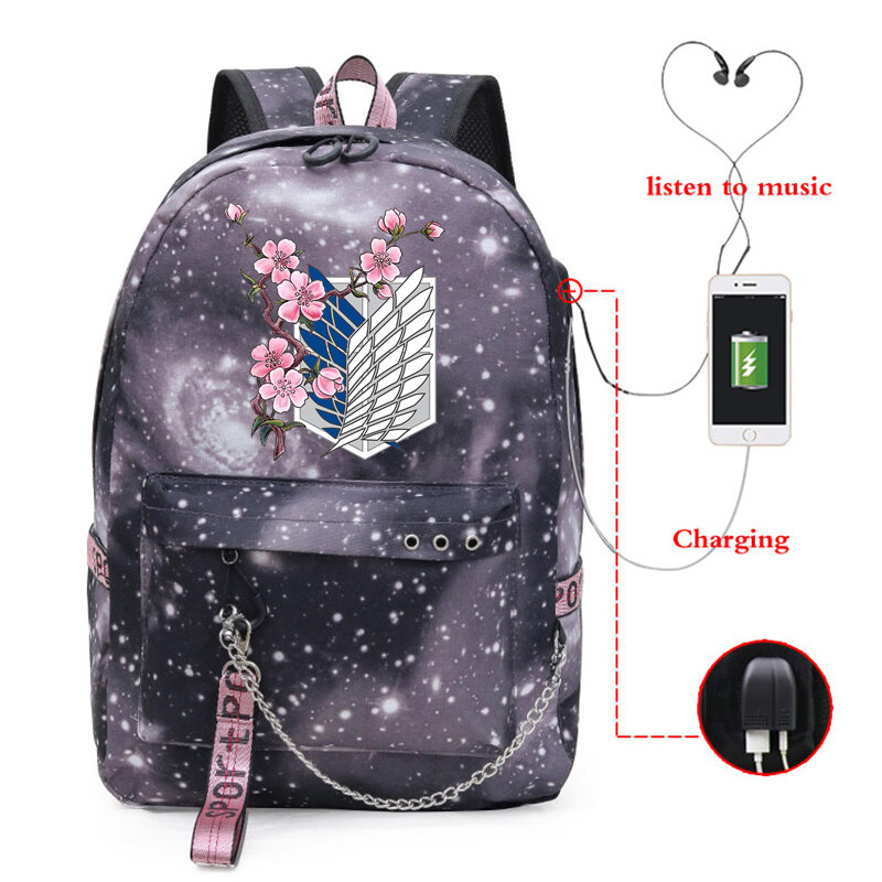 Atak na Titan torby szkolne Anime plecak dla nastolatków dziewczyny dzieci chłopcy dzieci Student Usb podróżny plecak na laptopa Anime Bag