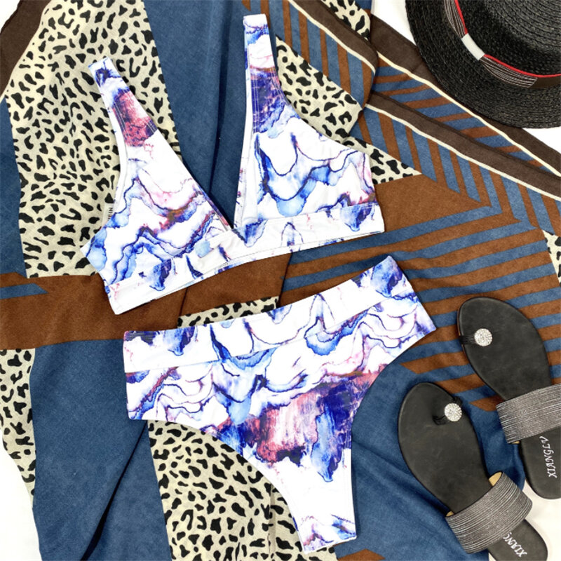 Gnim biquíni feminino de cintura alta com estampa retrô, roupa de praia de verão 2021, roupa de banho feminina com 2 peças, biquíni brasileiro de corte alto
