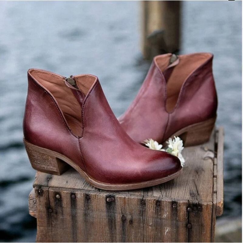 Осенне-зимние новые стильные короткие ботинки на квадратном каблуке с боковой молнией V-образный дизайн и ботильоны женская обувь из искусс...