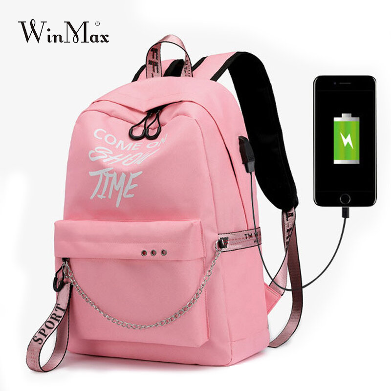 Winmax grande USB mochilas con carga hombres mujeres Anti-ladron moda viaje mochila escolar para adolescentes listón para chicas cadenas Laptop mochila WT #S36180-grey 