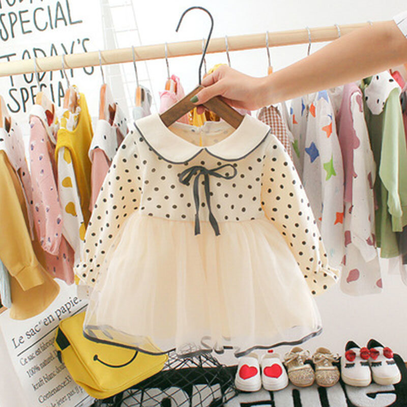 Moda polka dot vestido para meninas do bebê na moda princesa arco trajes bonitos infantil malha bonito retalhos vestidos