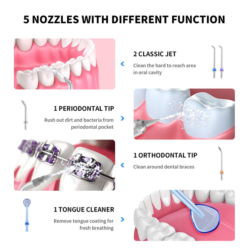 AZDENT المحمولة اللاسلكي المياه الكهربائية عن طريق الفم الأسنان الري دودة الحرير USB قابلة للشحن الأسنان الأنظف 5 طرق IPX7 مقاوم للماء