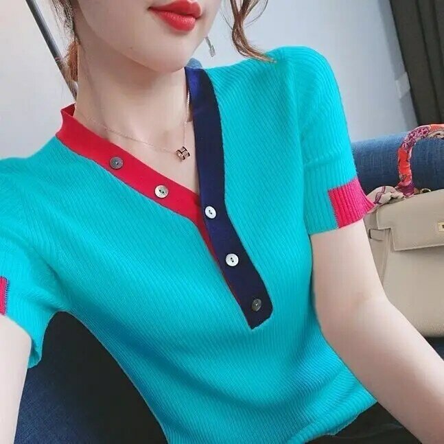 Ijs Zijde V-hals Korte Mouw T-shirt Vrouwelijke 2021 Zomer Nieuwe Kleur Contrast Veelzijdige Koreaanse Slim Dunne Gebreide Top