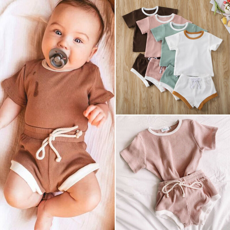 Vêtements en coton pour bébés filles et garçons, hauts à manches courtes et pantalons courts, couleur unie