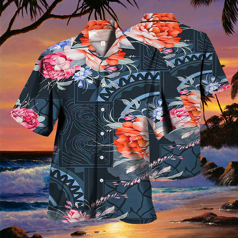 LUCLESAM Hawaii Kaus Gambar Cetak Fashion Pria Atasan Kaus Aloha Berkancing Bawah Lengan Pendek Musim Panas