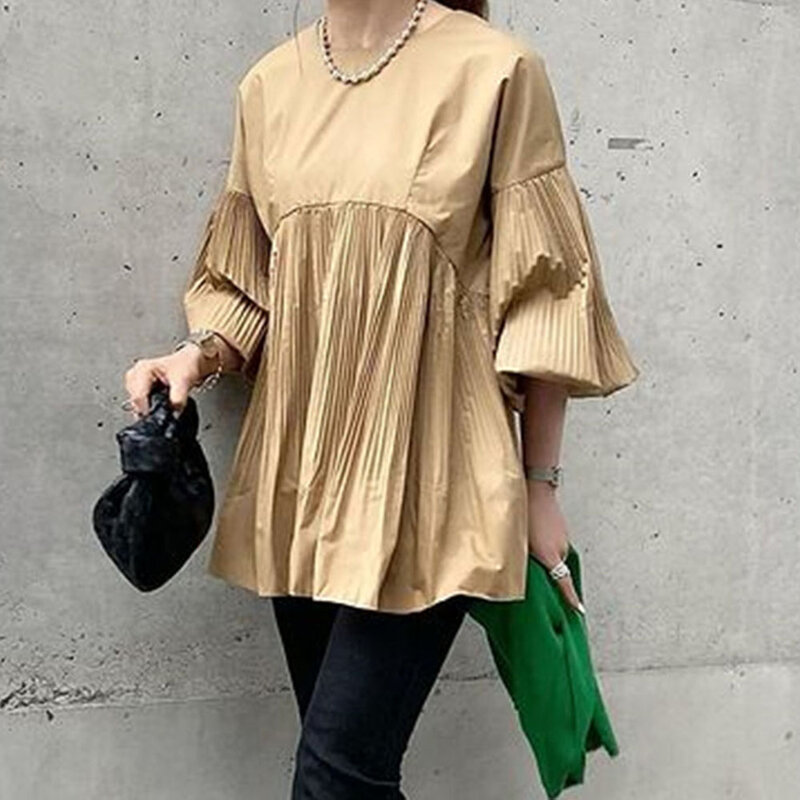 Женская блузка с круглым вырезом, повседневная однотонная Свободная блузка с расклешенными рукавами, в японском и корейском стиле, лето 2021