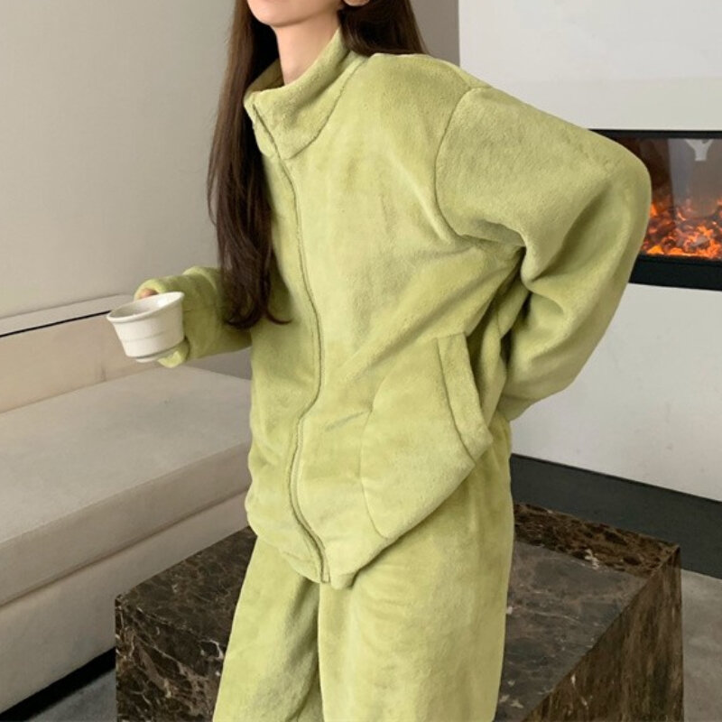 女性の冬長袖カジュアルジッパーコート + ハイウエストパンツ2個セットファムファッションホームウェア緩い衣装暖かい衣類