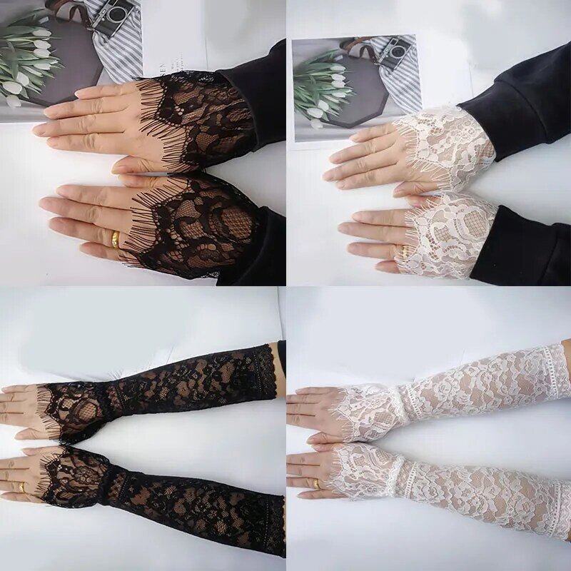 Перчатки с защитой от солнца для женщин и девушек, однотонные декоративные кружевные перчатки с искусственными рукавами на все четыре сезо...