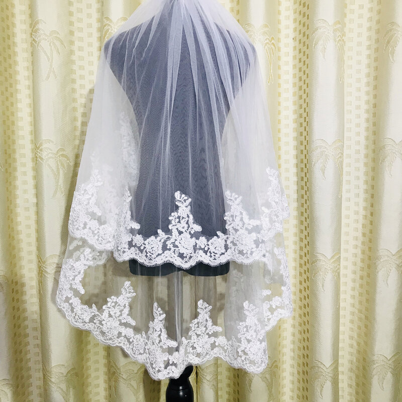 Hot Sale 2019 White Ivory two layer Wedding Veil Lace Fingertip Long wedding accessories Cheap Voile Bridal Veils With Comb