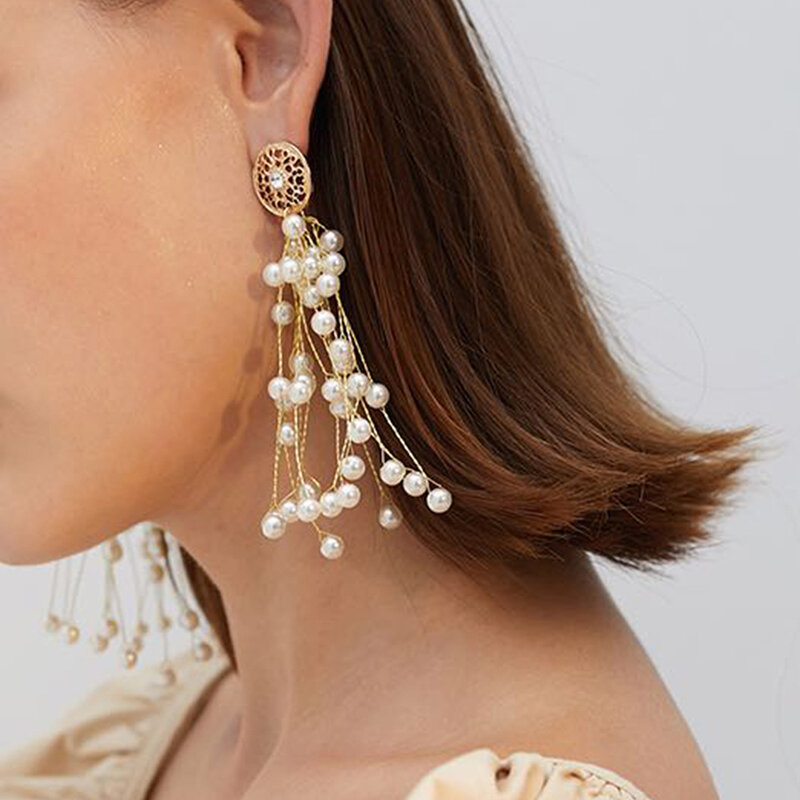 Pendientes de aro de estilo bohemio para mujer, aretes grandes con perlas de imitación blancas, circulares, Color dorado, joyería coreana, aretes llamativos