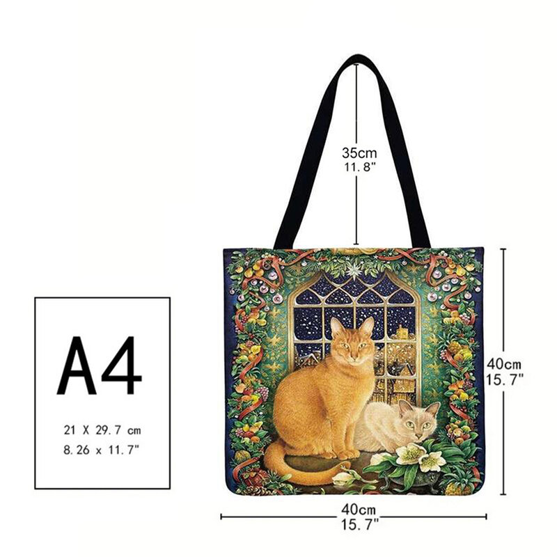 Bolsa feminina design de moda gato impresso ombro sacos de compras para senhoras casuais grande capacidade de linho shopper tote bolsas