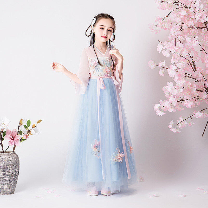女の子の古代スタイル韓服、中国風のステージ、スーパー妖精のスカート、子供の妖精ガールの衣装のドレス