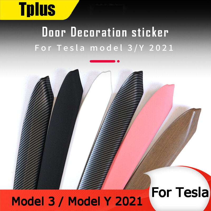 Tplus Model Y Auto Binnendeur Trim Voor Tesla Model 3 2021 Carbon Fiber Abs Decoratieve Sticker Accessoires Model Drie