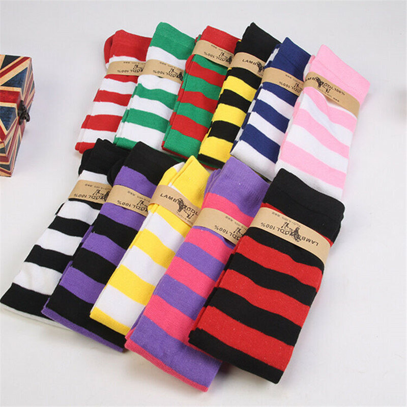1Pair New Women Girls Over Knee Long Stripe Printed Thigh High Striped Patterned Socks Sweet Cute Warm Wholesale Lot 11 Colors