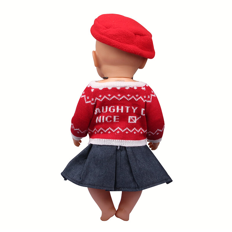Roupas de boneca americana 3 peças, chapéu vermelho + suéter + saia, conjunto de roupas para 43cm, bebê bron & rebron, acessórios de bonecas para brinquedo