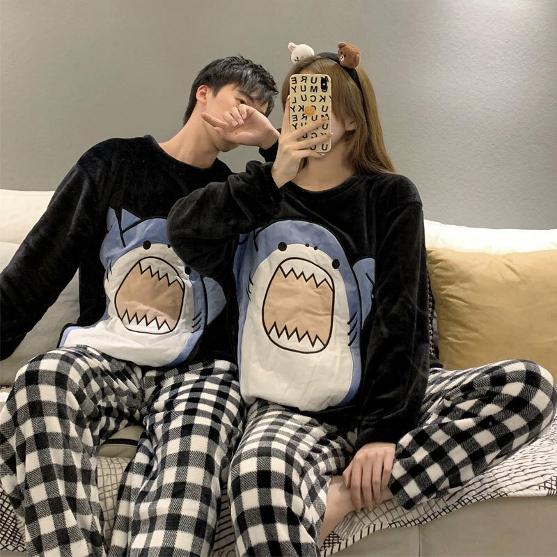 QWEEK-Pijama con estampado de tiburón para mujer, ropa de dormir de lana de  Coral a cuadros, conjunto de dormitorio de invierno, ropa de dormir Kawaii  gruesa / Pijamas de mujer