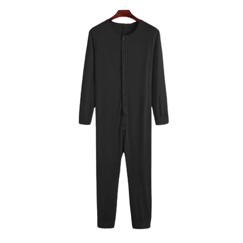 Mannen Ondergoed Effen Kleur Lange Mouw Knop Pyjama Jumpsuit Homewear Nachtkleding Romper Onesie-S Ondergoed